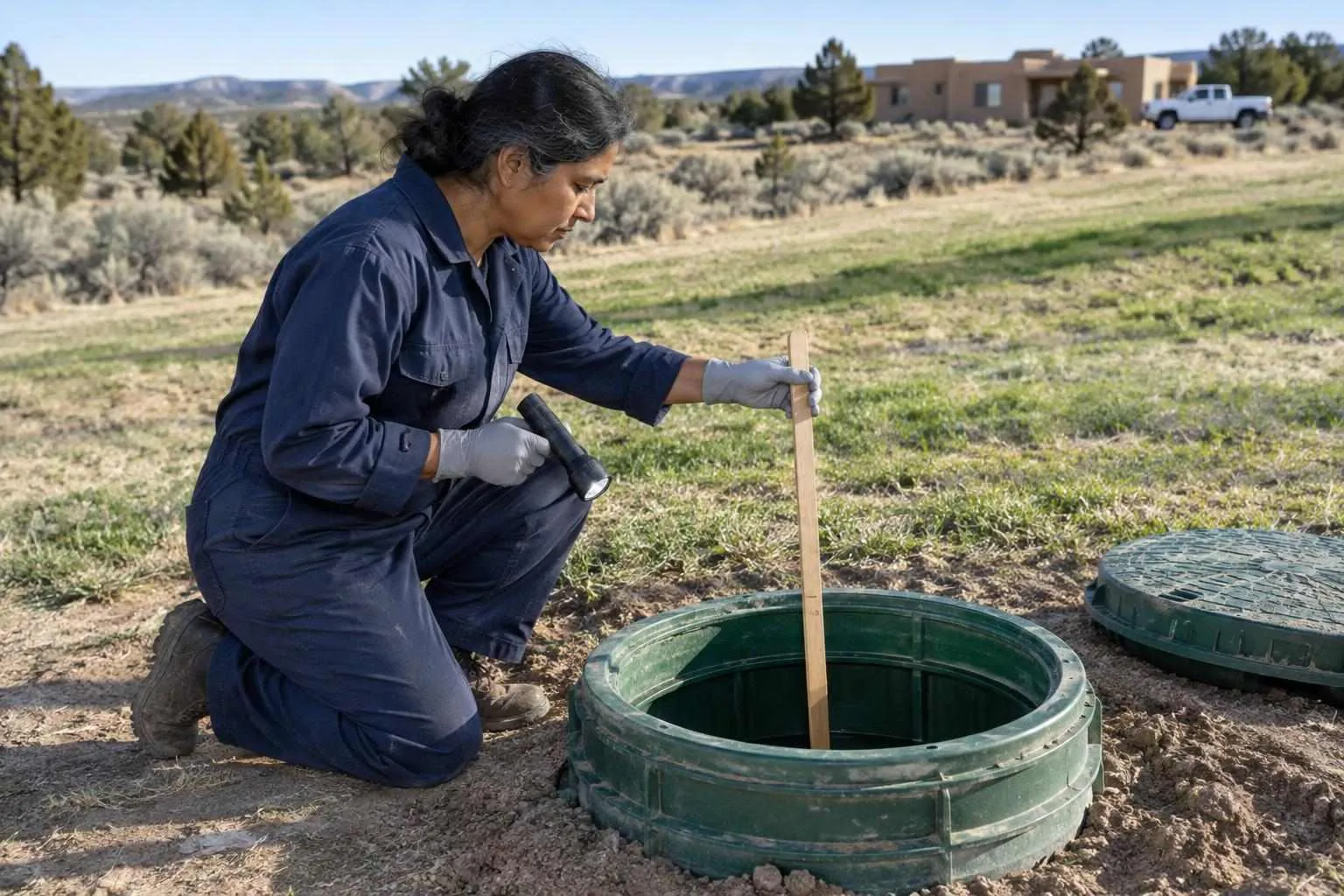 Septic inspector kneeling at an open tank riser on a dry hillside lot, with the unexamined drainfield slope stretching behind her.